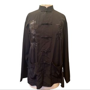 Kim Fashion Vintage Asian Blouse Mandarin Collar Frog Buttons Black Large